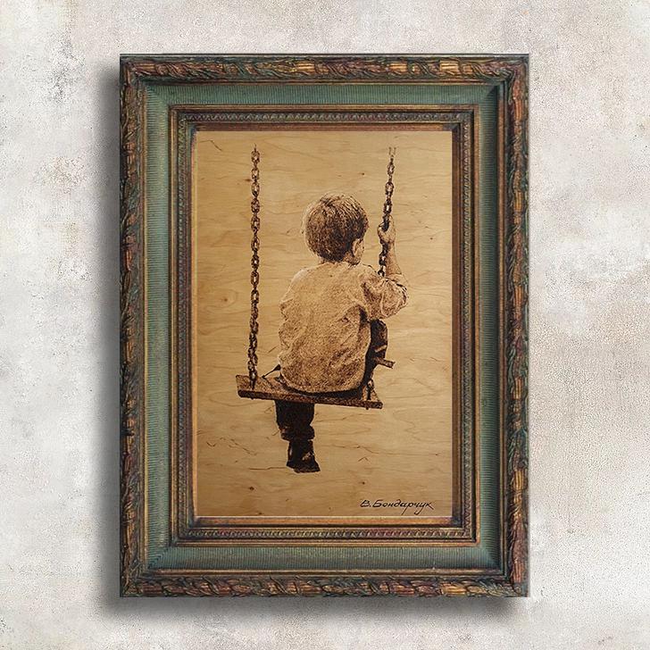 Original Unique Pyrography Painting. Boy on a swing art. Wood burning