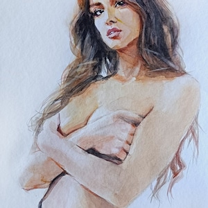 Ein originales, einzigartiges Aquarellbild. nacktes Porträt Mädchen. Einzigartige minimalistische Aquarellskizze. Zeitgenössische Kunst Wanddekoration.