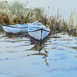 Dipinto originale di paesaggio marino ad acquerello. Barche. Arte murale minimalista della natura. Dipinto di paesaggio unico nel suo genere Design d'interni Decorazione della casa