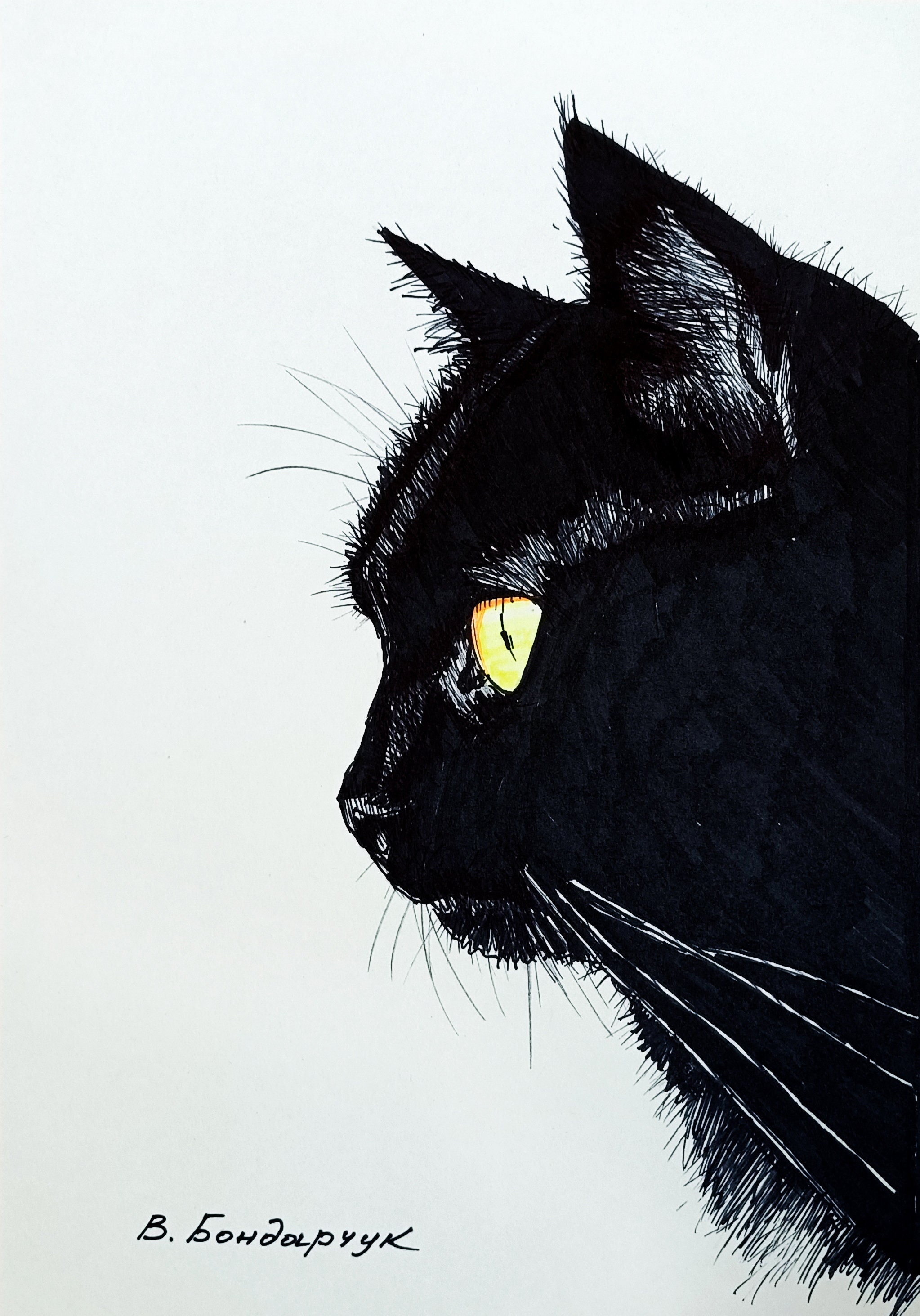 Original Painting. Black Cat. Minimalist Black and White Art