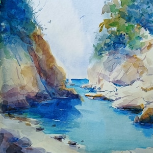 Dipinto ad acquerello originale contemporaneo di paesaggio. Arte murale minimalista unica nel suo genere. Decorazione per la casa, pittura artistica, decorazione murale