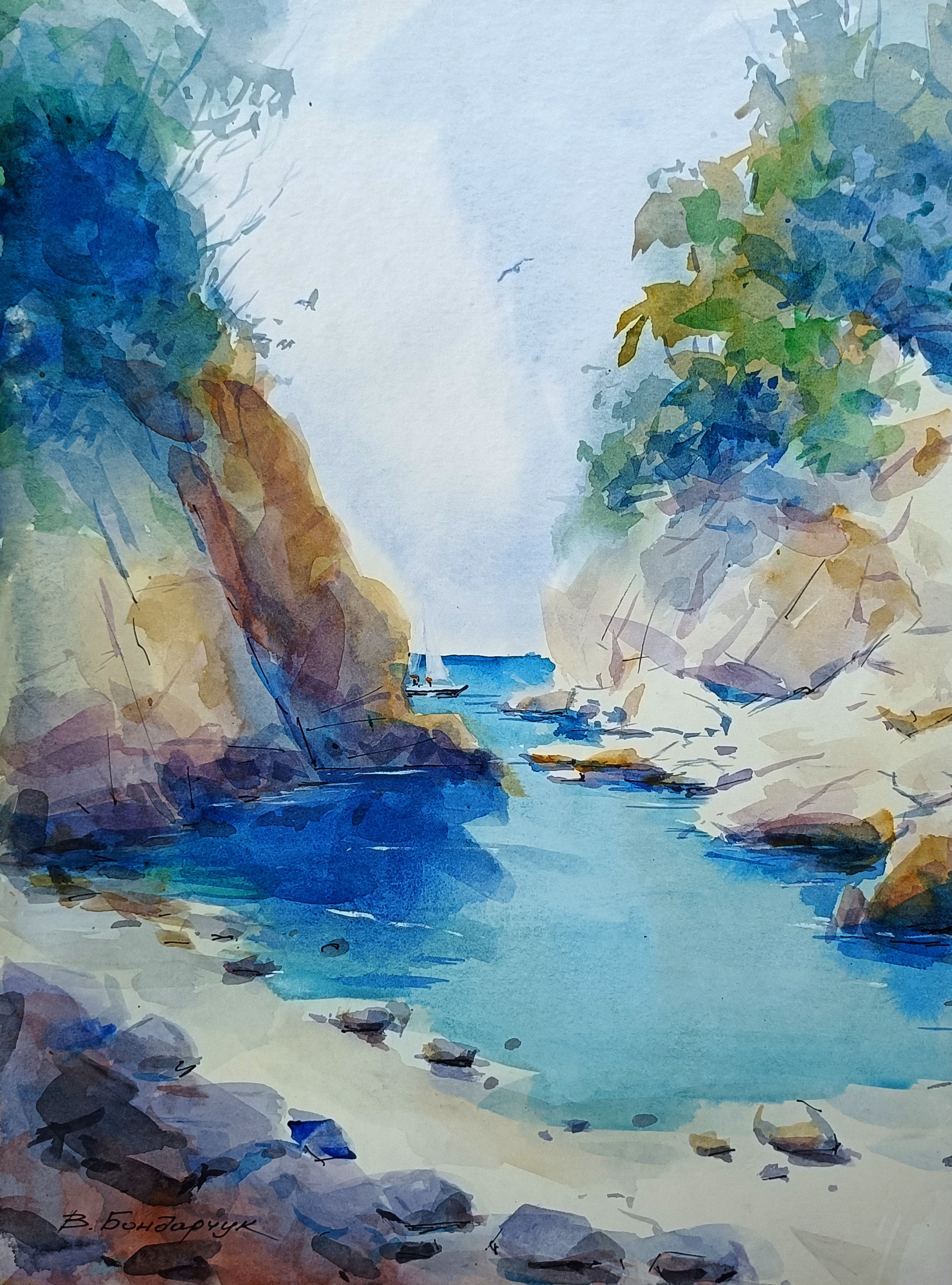 オリジナル水彩画。海景。ミニマリストの風景画 - Etsy 日本