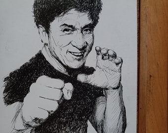 Unique Drawing with black marker. Jackie Chan. Minimalistic black and white portrait from photograph. One of a kind custom illustration gift