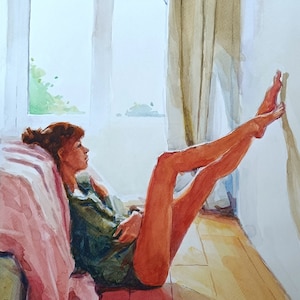 Lumière du matin : aquarelle originale d'une belle fille - cadeau de décoration murale minimaliste