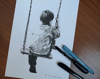 Original black marker drawing. The boy on the swing. minimalist black and white art. Unique wall art