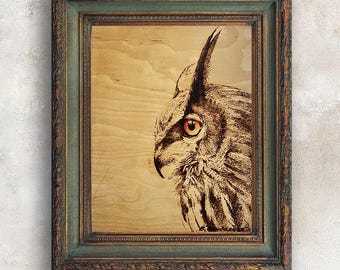 Original artwork. Owl art soulmate drawing. Wood art anniversary gift. Interior design gallery wall