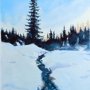 Acquerello Paesaggio invernale. Illustrazione di schizzo murale minimalista unica nel suo genere.