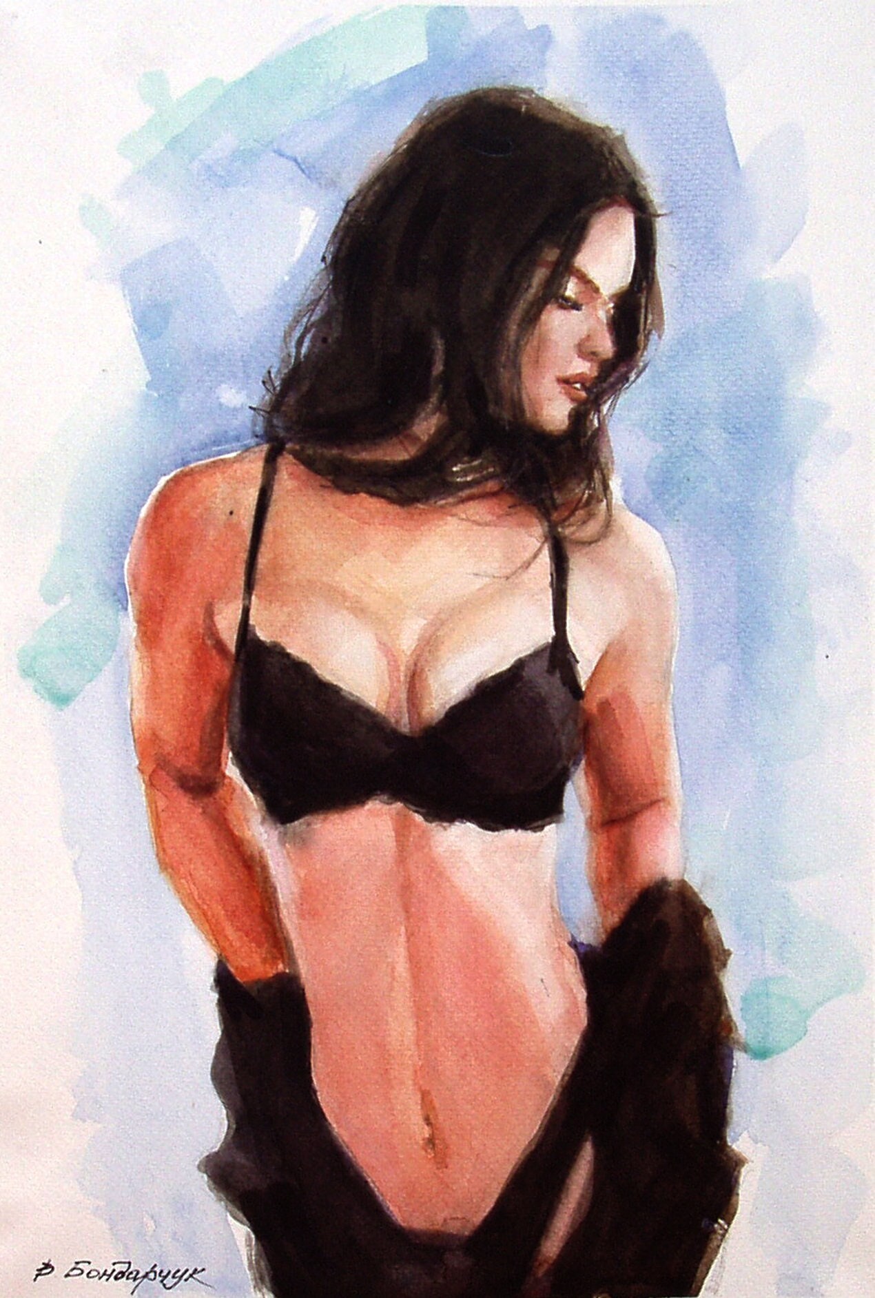 Original watercolor painting. Beautiful girl in a bathing suit. Minimalist watercolor sketch