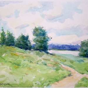 Dipinto originale di paesaggio ad acquerello. Paesaggio rurale verde. Arte murale minimalista della natura. Arte paesaggistica unica nel suo genere, decorazione rustica per la casa