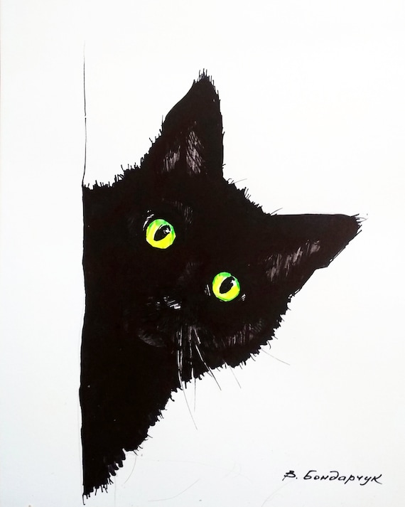 Gatto nero. Disegno originale con pennarello nero. Commissione minimalista,  arte in bianco e nero. regalo unico di arte murale -  Italia