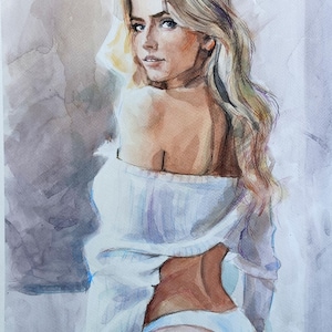 Originele kunst aquarelschets. Prachtig halfnaakt beeld van een meisje. Unieke minimalistische aquareltekening.  kunst aan de muur