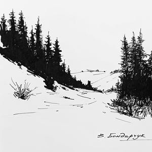 Original drawing with black marker. Winter mountain landscape with road. Minimalist black and white illustration for wall decor