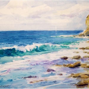 Dipinto originale ad acquerello paesaggio marino. onda di marea. Un'opera d'arte murale paesaggistica unica nel suo genere. Decorazione murale per ufficio Arte minimalista