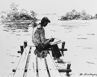 Original Painting. Drawing artist. Minimalist black and white art.