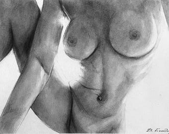 Original, оne of a kind charcoal sketch. Beautiful naked figure girl drawing. Minimalist black and white charcoal drawing wall art