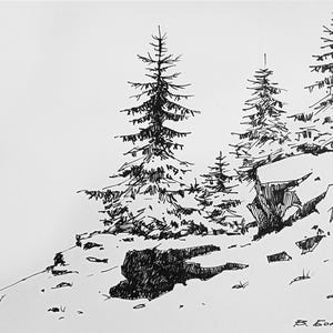 Original drawing with black marker. Winter mountain landscape with fir trees. Minimalist black and white illustration for wall decor