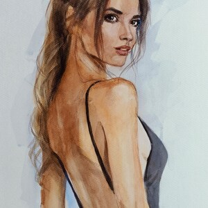 Ritratto originale ad acquerello di una bella ragazza. Illustrazione minimalista unica nel suo genere. Dipinto ad acquerello moderno come regalo.