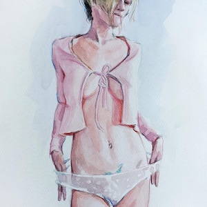 Original one of a kind drawing watercolor sketch art. Beautiful half naked portrait of a girl. Unique Minimalist watercolor wall art decor.