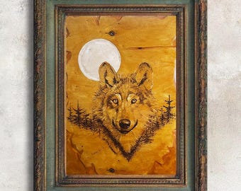 Original Artwork Animal Portrait, Wood Art Anniversary Gift, Wooden Wall Art, Unique Wall Art Soulmate Drawing. Dark art gallery wall