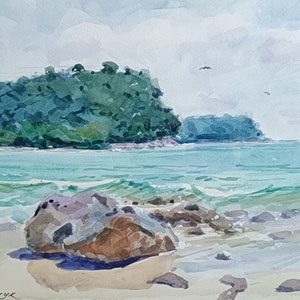 Dipinto originale di paesaggio marino ad acquerello. Arte murale minimalista della natura. Dipinto di paesaggio unico nel suo genere. Design d'interni. Dipinto di decorazione per la casa.