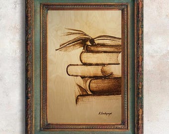 Original Painting. Dark academia art. Book Lover Gift, Bookshelf Decor.  Wood Anniversary gift interior design gallery wall