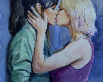 Digitaler Download Kunst. Zeichnung einer Lesbe in Aquarell. Hochzeitsgeschenk für Lesben