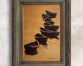 Original Painting. Boats on Water Wood Art | Philosophical Sea Pyrography | Modern Office Decor | Anniversary Gift