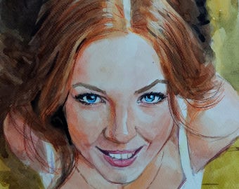 Retrato original en acuarela, boceto minimalista de una chica.