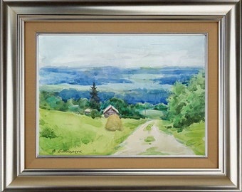 オリジナル水彩画。風景画。夏の道 - Etsy 日本