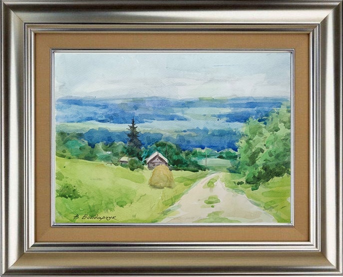オリジナル水彩画。風景画。夏の道 - Etsy 日本