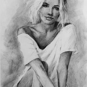 Original charcoal drawing. Portrait of a beauty. Minimalist sketch with charcoal for a unique gift. Romantic art wall decor