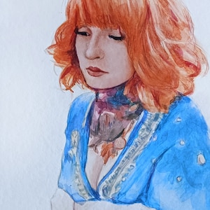Ritratto unico ad acquerello di una ragazza dai capelli rossi. Illustrazione minimalista unica nel suo genere. Pittura ad acquerello contemporanea Design d'interni
