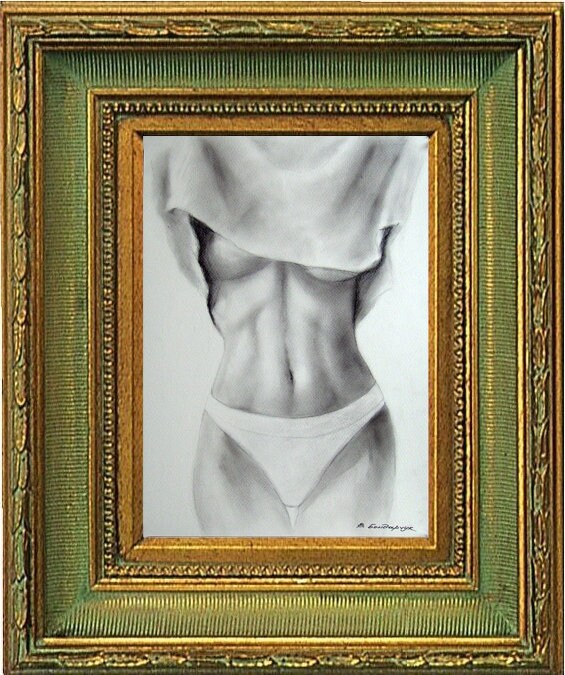 Original Charcoal Drawing Beautiful Naked Girl Figure Drawing 