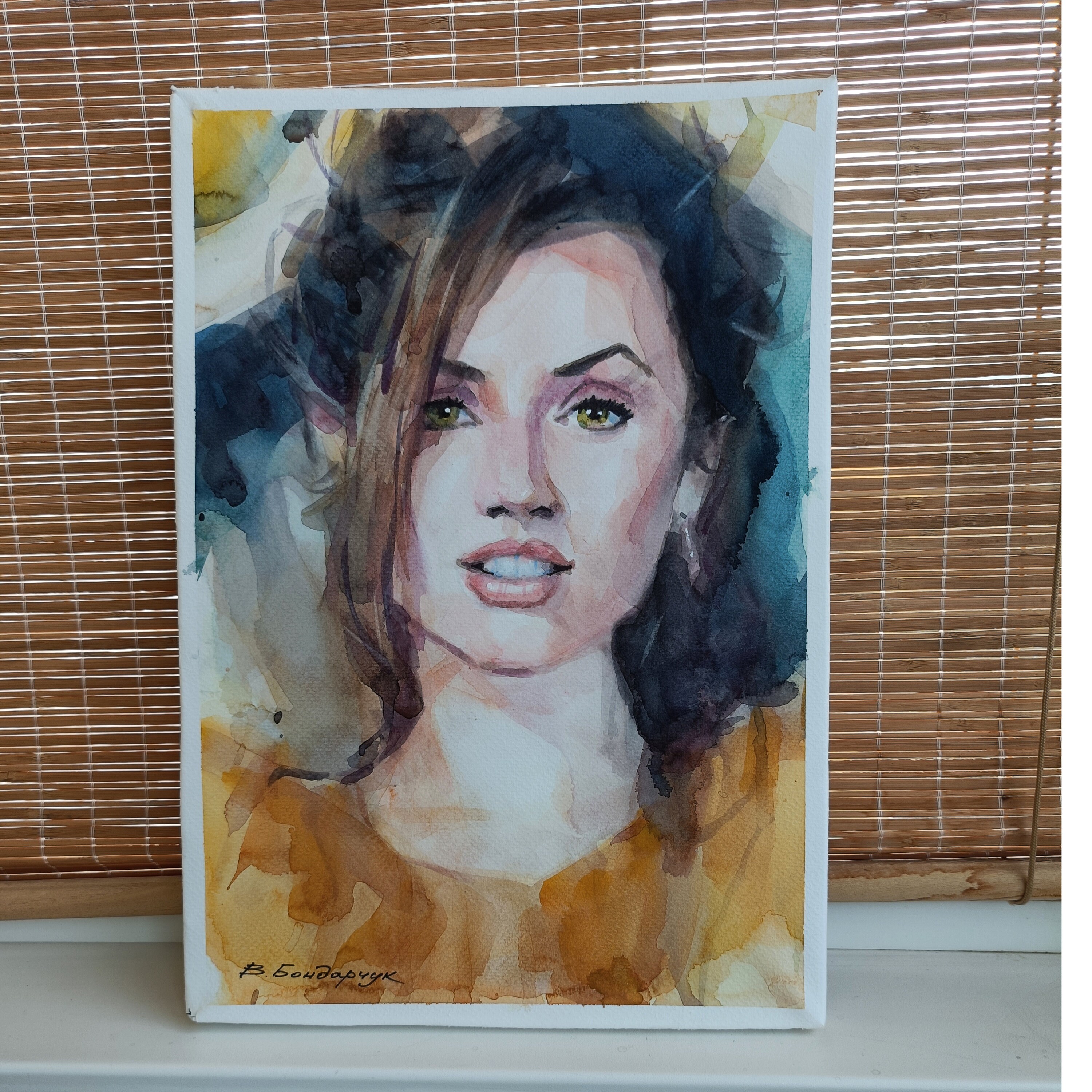 オリジナル水彩画。女性の肖像画。ミニマリストのソウルメイトの絵