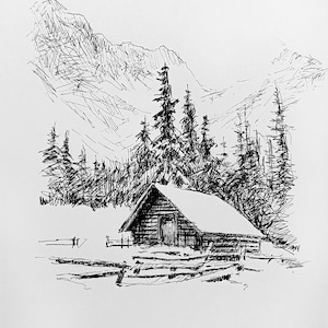 Original drawing with black marker. Winter mountain landscape with a hut. Minimalist black and white illustration for wall decor