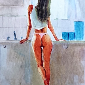 Disegno originale, unico nel suo genere, ad acquerello. Bellissimo ritratto seminudo di una ragazza. Decorazione murale minimalista unica ad acquerello.