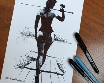 Drawing with a black marker the figure of a beautiful girl. Realistic minimalist commission sketch with marker. Gift for a fisherman