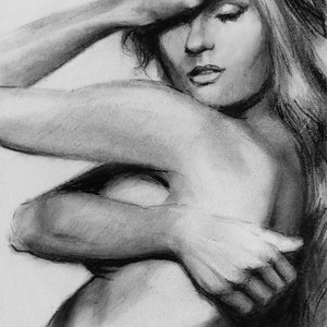 Original charcoal drawing. Beautiful naked figure girl drawing. Minimalist оne of a kind black and white charcoal sketch wall art