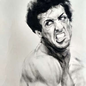 Original Rocky Balboa Charcoal Portrait: Stunning Black and White Art Gift for Wall Decor and Interior