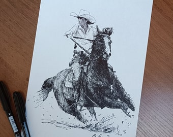 Original drawing with black marker. A minimalist sketch of a cowboy girl on a galloping horse. present