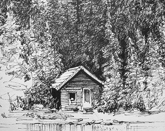 Drawing of a cabin in the forest with a black marker. Minimalistic illustration as a gift for a person who loves comfort and nature.