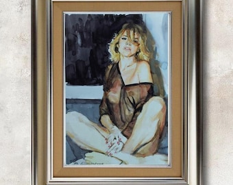 Original Painting Bedroom Boudoir Art, Sensual Female Watercolor Portrait