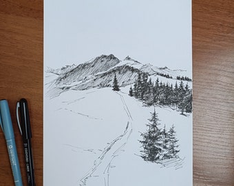 Minimalist Winter Mountain Landscape Sketch - Original Black Marker Drawing - Great Holiday Gift Idea