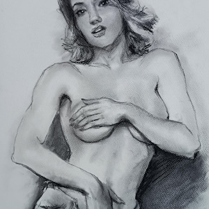 Original, оne of a kind charcoal sketch. Beautiful naked figure girl drawing. Minimalist black and white charcoal drawing wall art