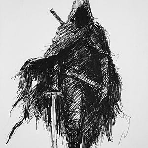 Original drawing with black marker. Warrior winner. Minimalist black and white illustration for wall decor. Interior design