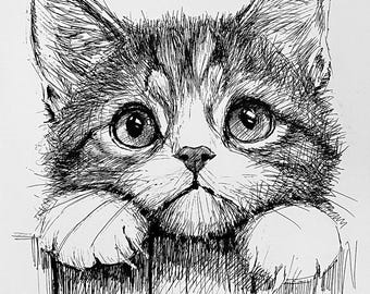 Pintura original. Arte felino. Dibujo minimalista en blanco y negro.