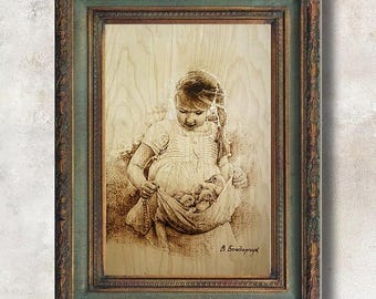 Original artwork. Wood anniversary gift, Wooden gallery wall art commission. Soulmate drawing interior design