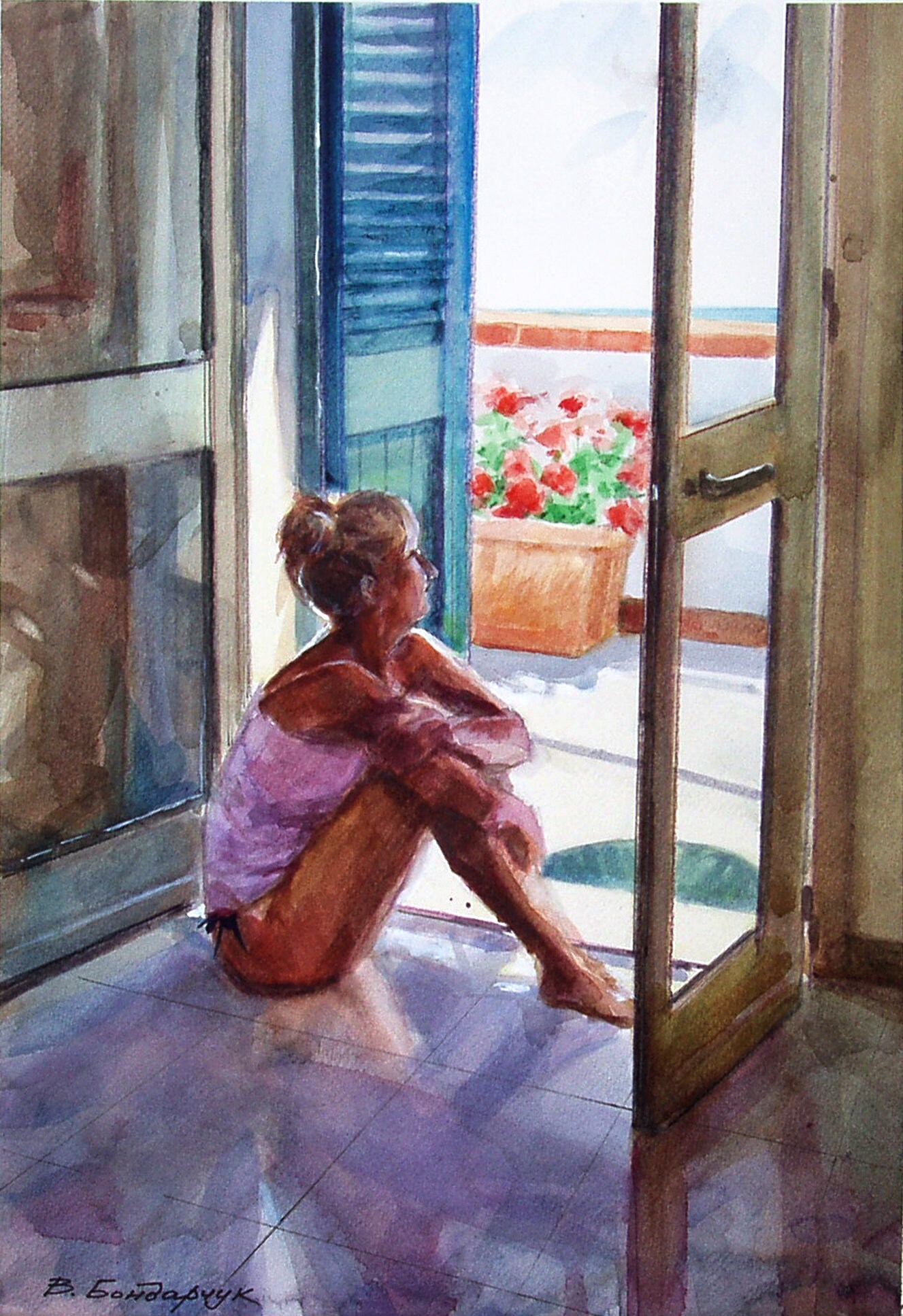 Little Girl by Window Original Watercolor, Original Russian Girl