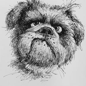 Disegno originale con pennarello nero. Cane divertente. Illustrazione personalizzata minimalista unica in bianco e nero, regalo per la decorazione murale