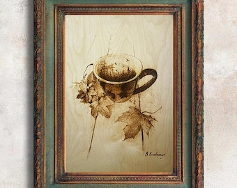 Original painting wood art. Anniversary gift soulmate drawing. Coffee lover gift interior design gallery wall. unique artwork